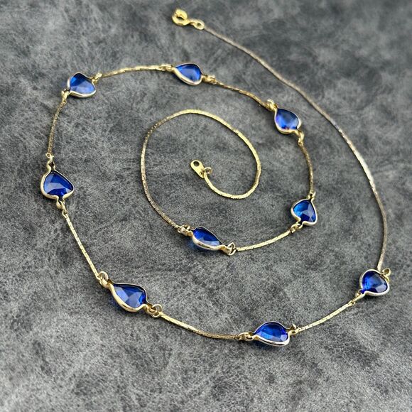 Blue Bezel Set Faceted Crystal Glass Hearts Gold-tone Chain Vintage Necklace 23" - Picture 6 of 8